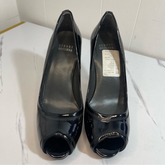 Stuart Weitzman Glossy Black Peep-Toe Heels Size 5.5M - Picture 4 of 10